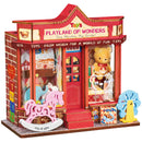 Productfoto van de Robotime Whimsy Toy Shop, bouwpakket voor een miniatuurhuisje van een speelgoedwinkel met ouderwets speelgoed