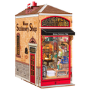 Vooraanzicht van de Robotime Wisdom Stationery Shop, met een van de zijkanten zichtbaar
