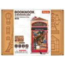 Voorkant verpakking van de Robotime Wisdom Stationery Shop, bouwpakket van een book nook in de stijl van een ouderwetse boek- en kantoorhandel