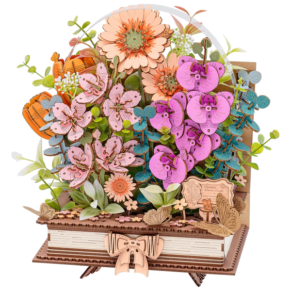 Productfoto van de Robotime Wooden Blooming Book, houten bouwpakket van een boeket bloemen op een gesloten boek