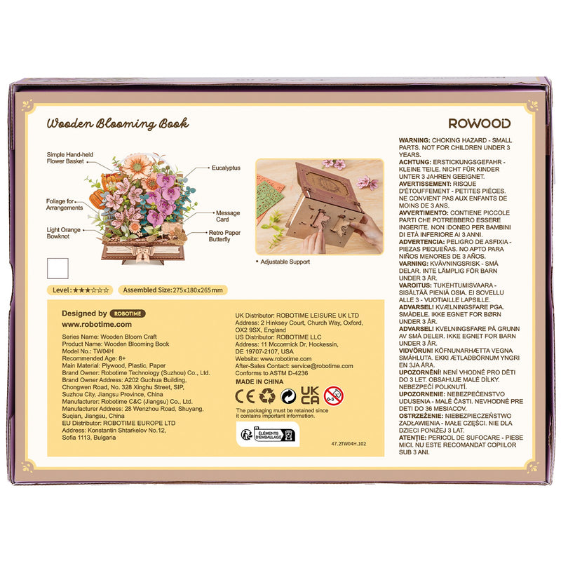 Achterkant verpakking van de Robotime Wooden Blooming Book, houten bouwpakket van een boeket bloemen op een gesloten boek