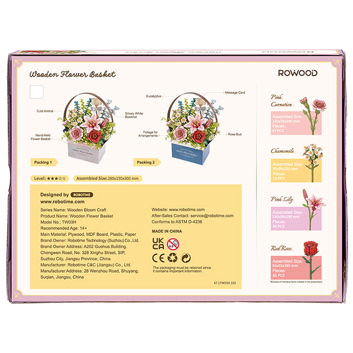 Achterkant verpakking van de Robotime Wooden Flower Basket, houten bouwpakket van een mandje met houten bloemen