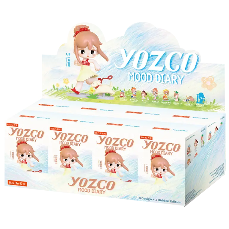 Display met acht verpakkingen van de Robotime Yozco’s Mood Diary blind box serie