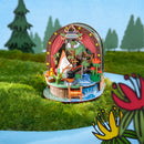 Sfeervolle presentatie van de Rolife Moomintroll’s Forest Camp, bouwpakket voor een Moomin miniatuur waarin Moomintroll rustig zit te vissen